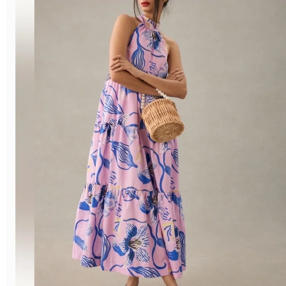 Anthropologie Sarah Gordon for Maeve Pink Blue Floral Halter Maxi Dress Size 8 - Picture 4 of 14